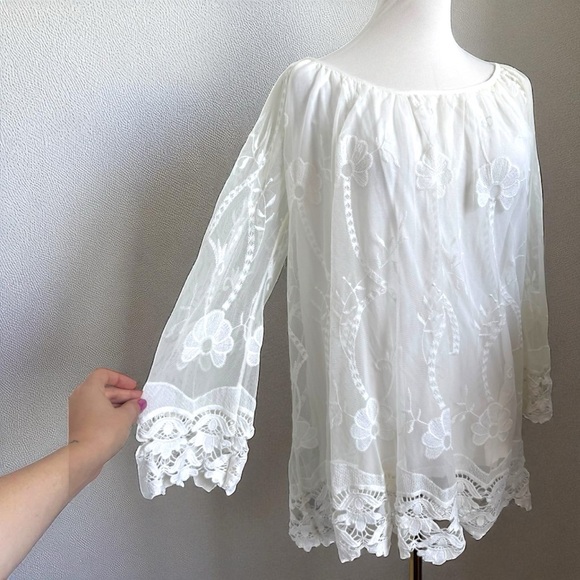 NWT Made in Italy White Embroidered Lace Peasant Boho Top Romantic Cottagecore L - Picture 1 of 9